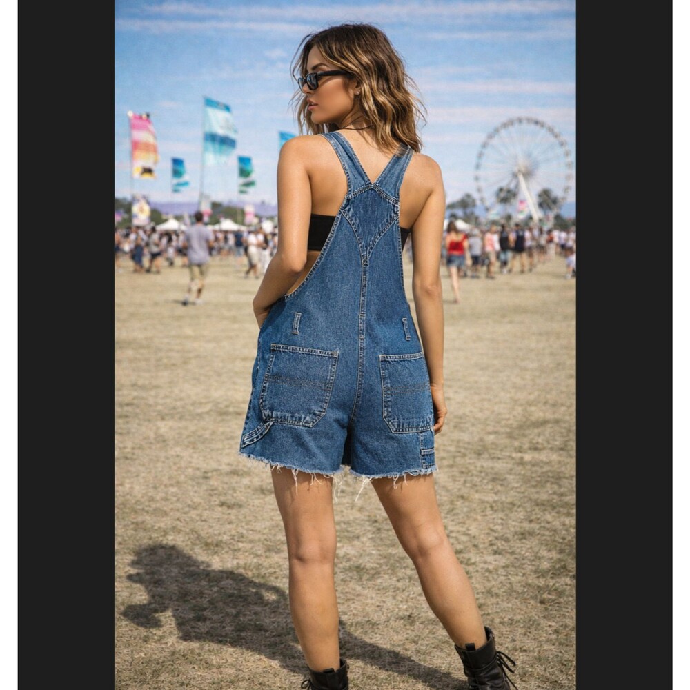 VTG Y2K Squeeze Light Wash Denim Bib Shortalls Small Festival Indie Retro Grunge - Picture 6 of 11